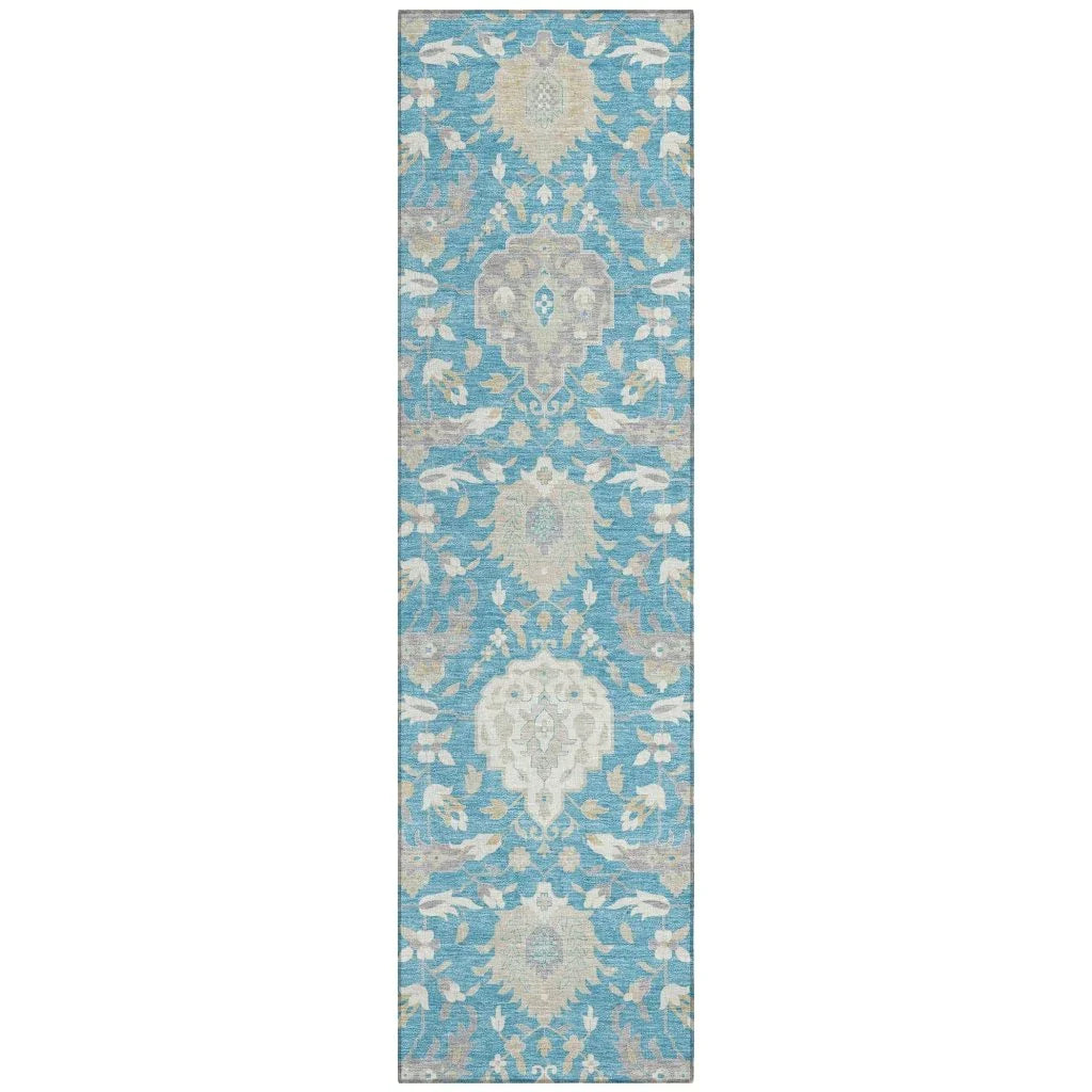Ilyara Teal Washable Indoor-Outdoor Rug-Outdoor Rugs-LOOMLAN Rugs-2'3" x 7'6"-LOOMLAN