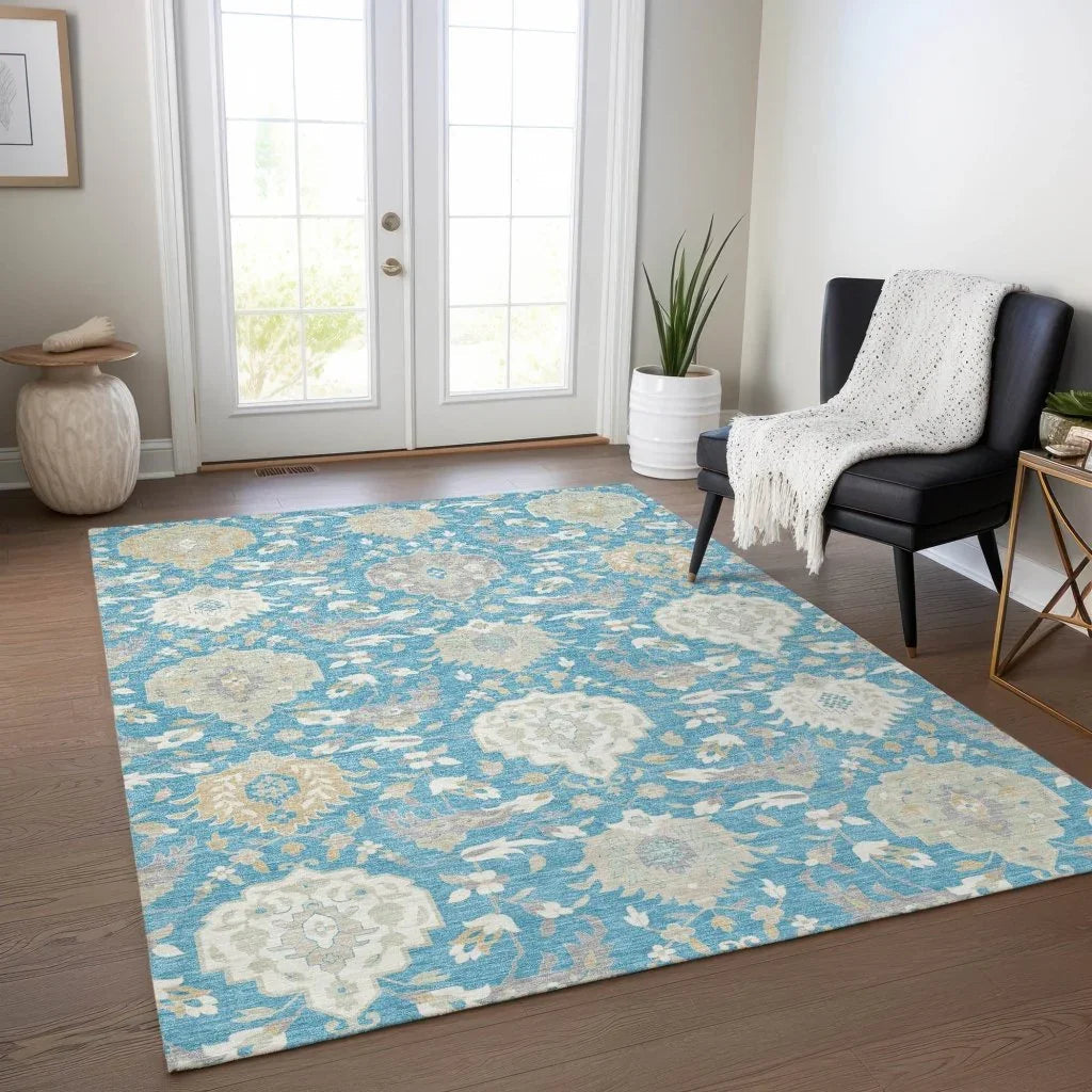Ilyara Teal Washable Indoor-Outdoor Rug-Outdoor Rugs-LOOMLAN Rugs-LOOMLAN