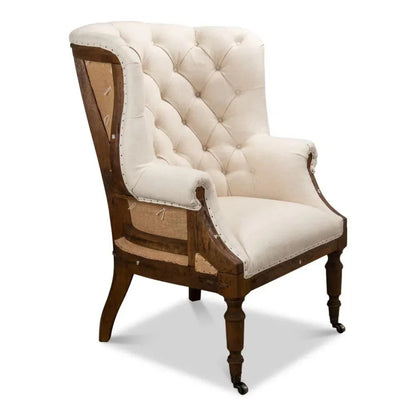 Irish Chair Cream Linen & Burlap Wing Accent Chair - LOOMLAN - Sarreid - Accent Chairs