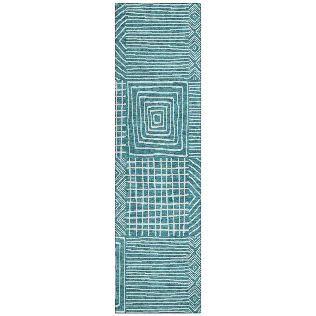 Junia Teal Washable Indoor-Outdoor Rug-Outdoor Rugs-LOOMLAN Rugs-2'3" x 7'6"-LOOMLAN