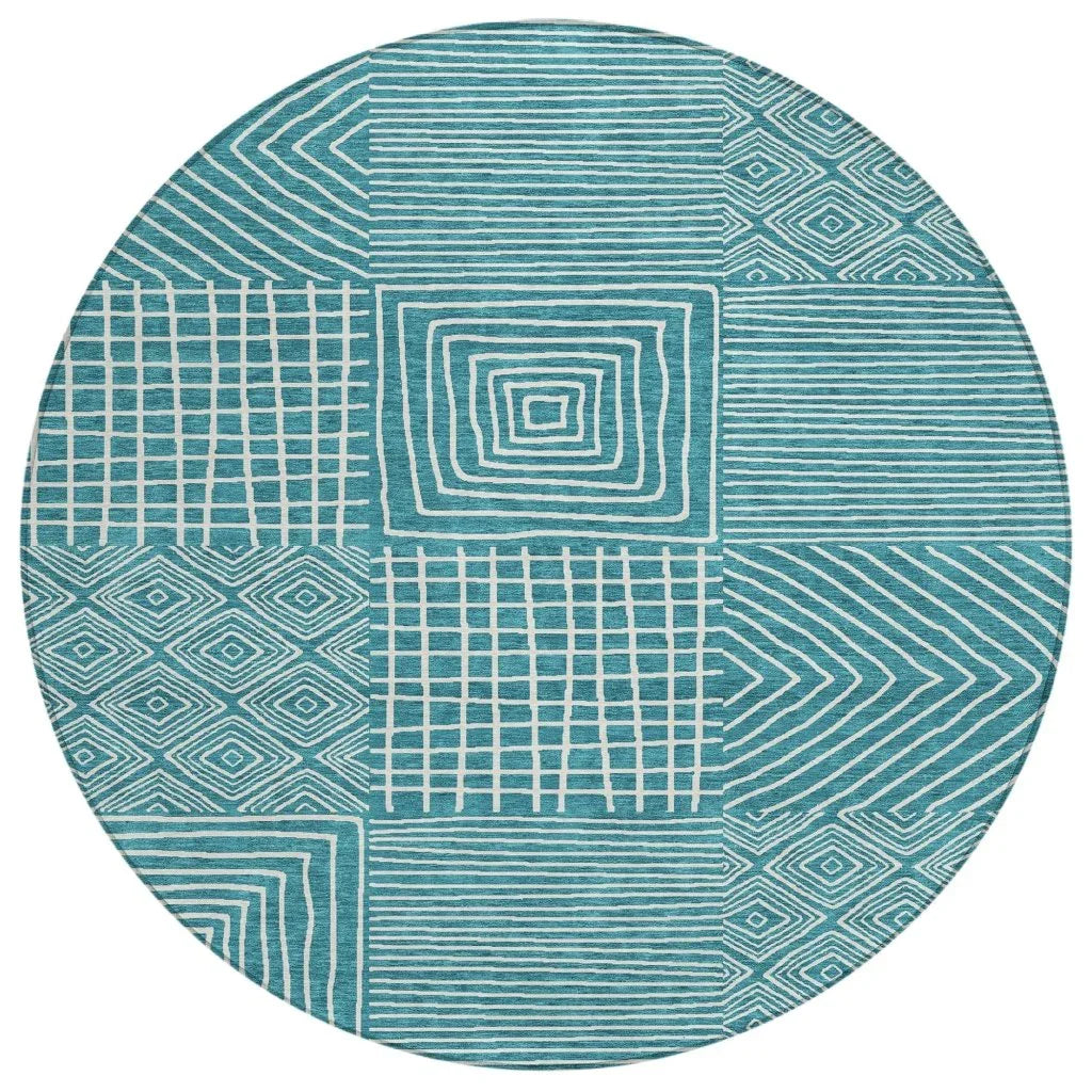 Junia Teal Washable Indoor-Outdoor Rug-Outdoor Rugs-LOOMLAN Rugs-8' x 8'-LOOMLAN
