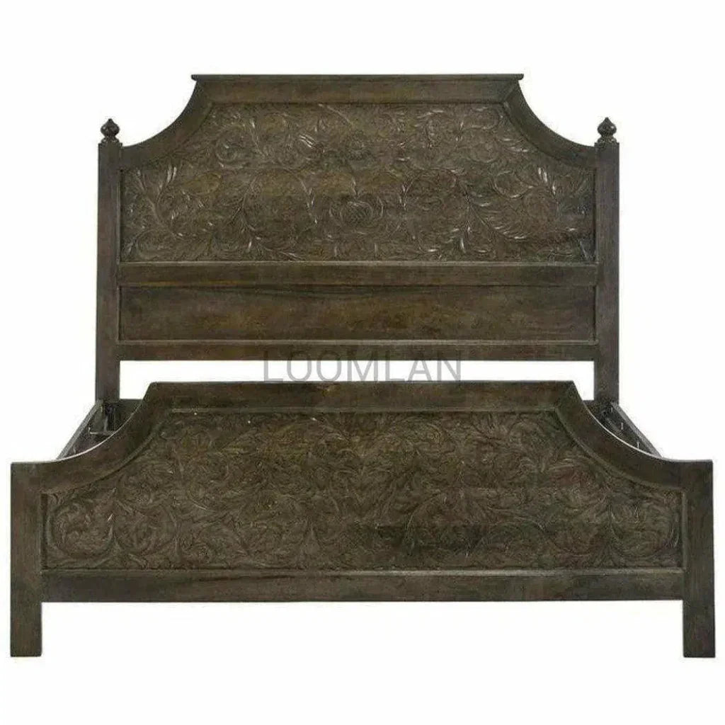 Hand Carved Dark Stain Wood Panel King Bed - LOOMLAN - LOOMLAN - Beds