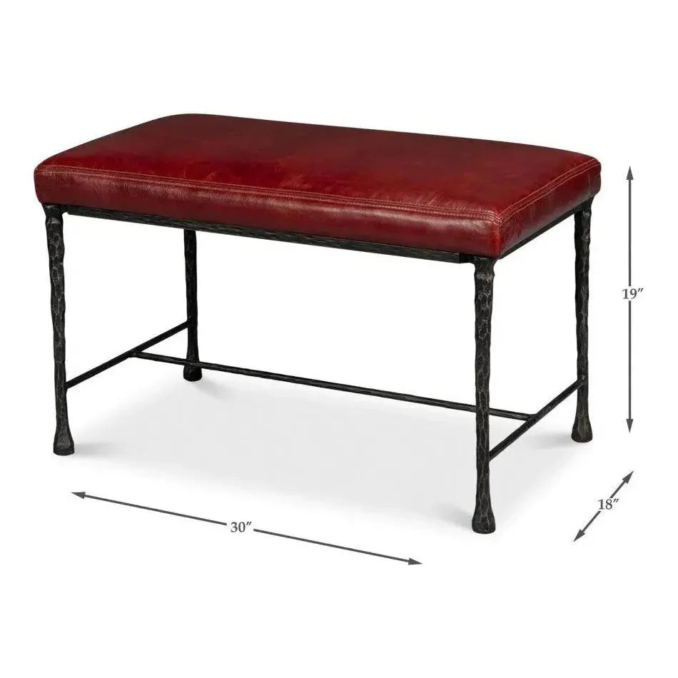 Kings Road Leather and Iron Red Bench - LOOMLAN - Sarreid - Bedroom Benches