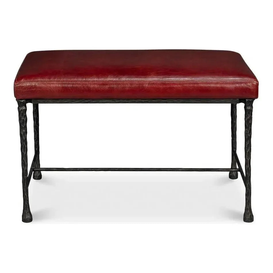 Kings Road Leather and Iron Red Bench - LOOMLAN - Sarreid - Bedroom Benches
