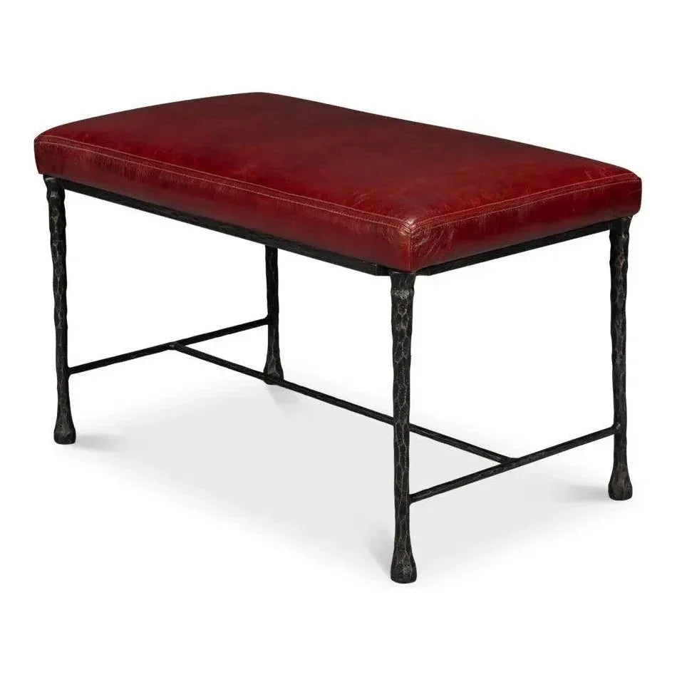 Kings Road Leather and Iron Red Bench - LOOMLAN - Sarreid - Bedroom Benches