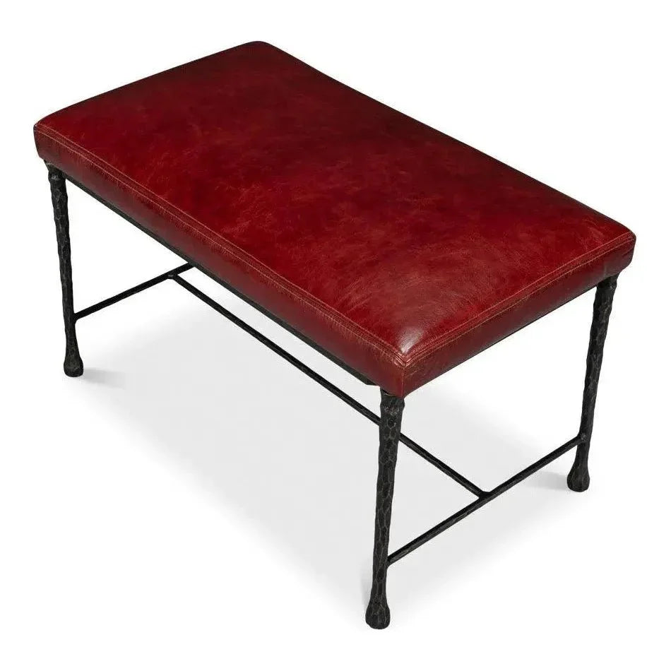 Kings Road Leather and Iron Red Bench - LOOMLAN - Sarreid - Bedroom Benches
