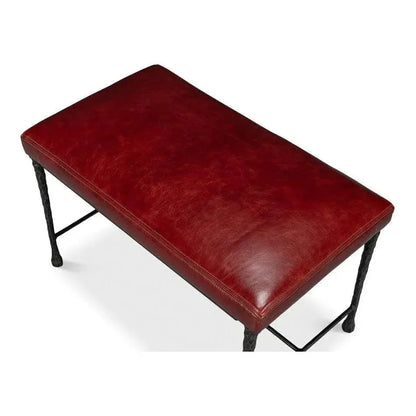 Kings Road Leather and Iron Red Bench - LOOMLAN - Sarreid - Bedroom Benches