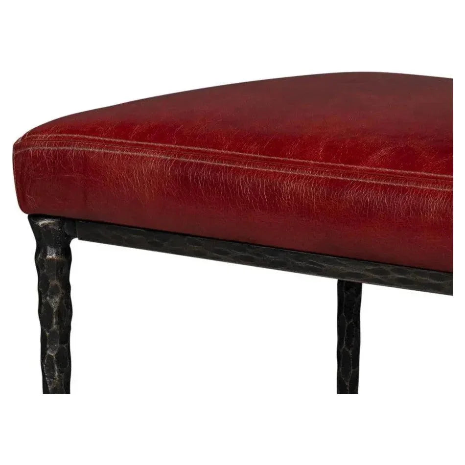 Kings Road Leather and Iron Red Bench - LOOMLAN - Sarreid - Bedroom Benches