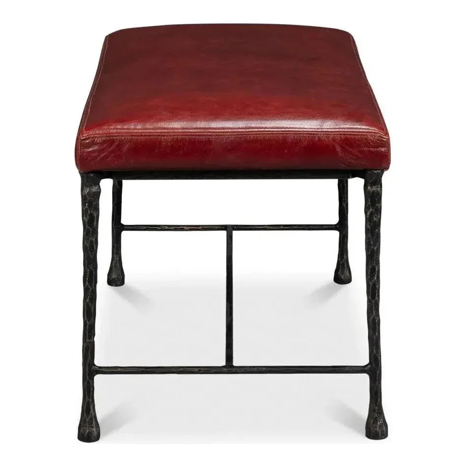 Kings Road Leather and Iron Red Bench - LOOMLAN - Sarreid - Bedroom Benches