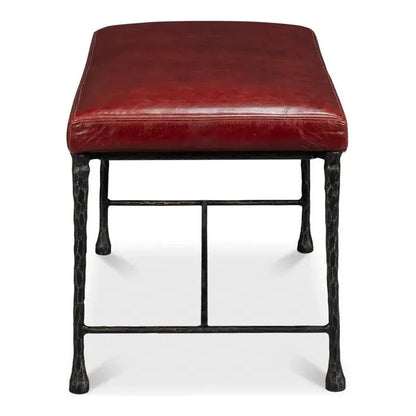 Kings Road Leather and Iron Red Bench - LOOMLAN - Sarreid - Bedroom Benches