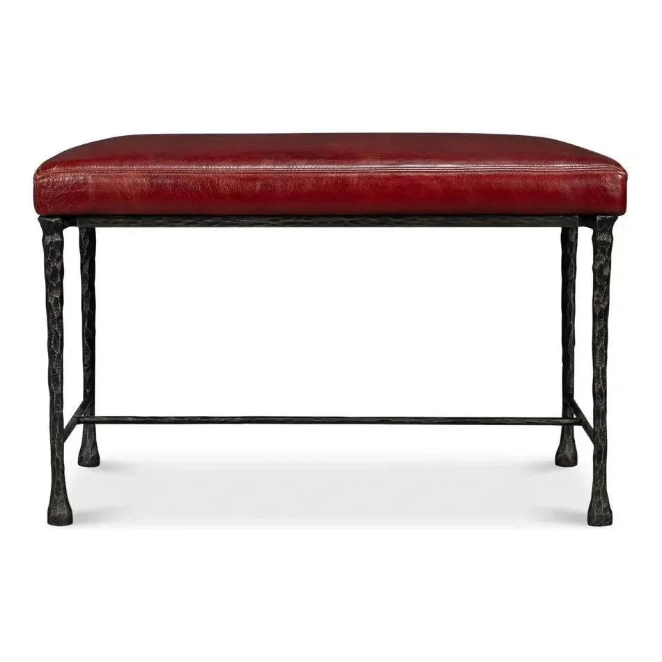Kings Road Leather and Iron Red Bench - LOOMLAN - Sarreid - Bedroom Benches