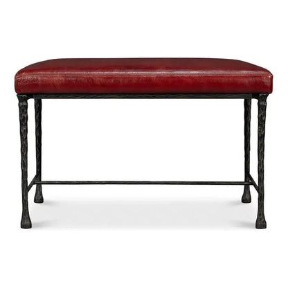 Kings Road Leather and Iron Red Bench - LOOMLAN - Sarreid - Bedroom Benches