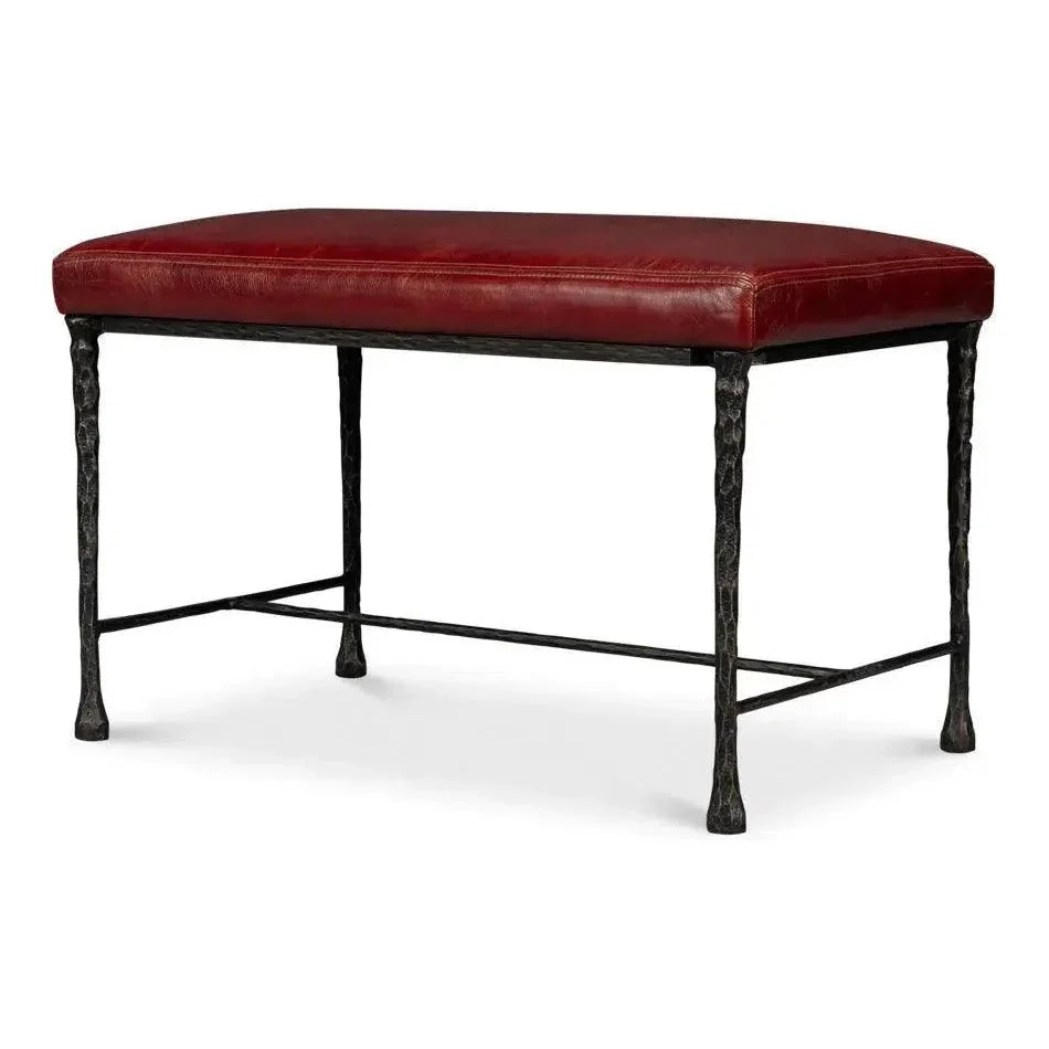 Kings Road Leather and Iron Red Bench - LOOMLAN - Sarreid - Bedroom Benches