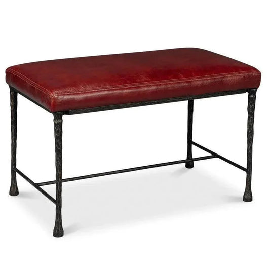 Kings Road Leather and Iron Red Bench - LOOMLAN - Sarreid - Bedroom Benches