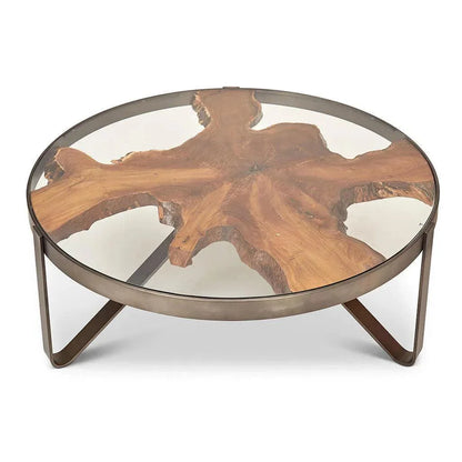 Kullen Teak Wooden Glass Round Coffee Table - LOOMLAN - Urbia - Coffee Tables