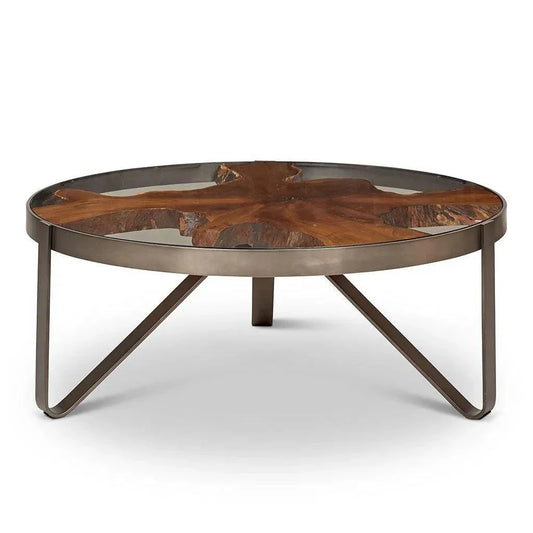 Kullen Teak Wooden Glass Round Coffee Table - LOOMLAN - Urbia - Coffee Tables