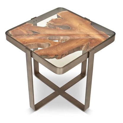 Kullen Teak Wooden Glass Square End Table - LOOMLAN - Urbia - Side Tables
