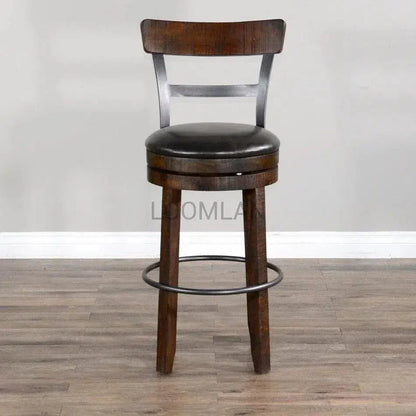Ladder Back Swivel Barstool Black Leather Seat 30"H - LOOMLAN - Sunny D - Bar Stools
