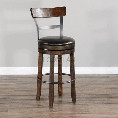 Ladder Back Swivel Barstool Black Leather Seat 30"H - LOOMLAN - Sunny D - Bar Stools