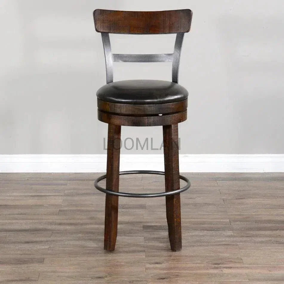 Ladder Back Swivel Barstool Black Leather Seat 30"H - LOOMLAN - Sunny D - Bar Stools