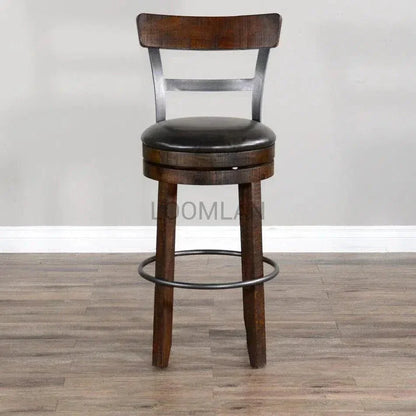 Ladder Back Swivel Barstool Black Leather Seat 30"H - LOOMLAN - Sunny D - Bar Stools