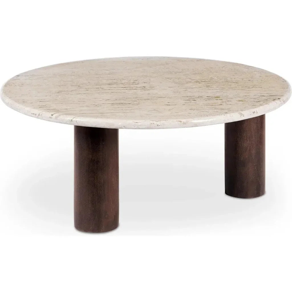 Landon Travertine & Wood Beige Round Coffee Table - LOOMLAN - Moe's Home - Coffee Tables