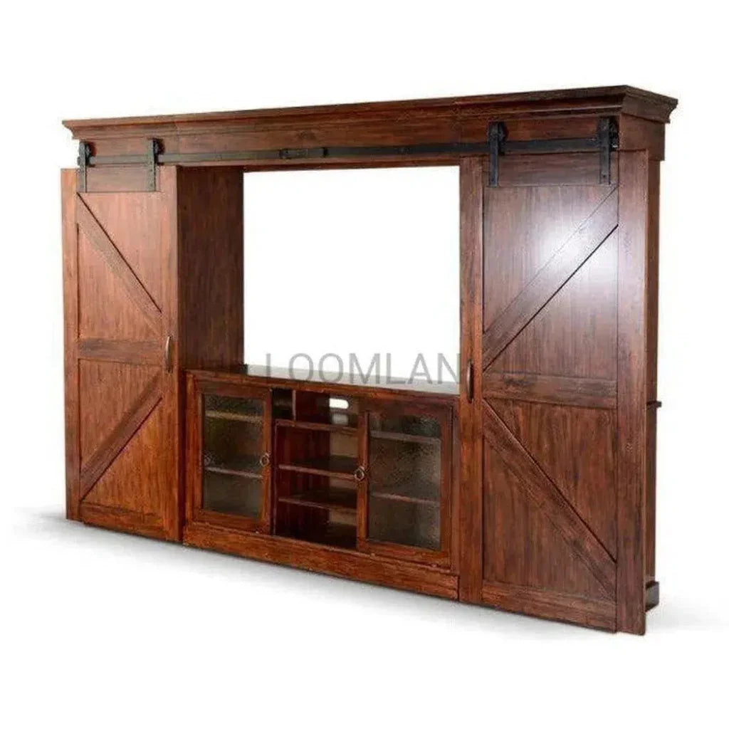 Large Wood Entertainment Wall Unit Barn Doors-Entertainment Wall Unit-Sunny D-LOOMLAN