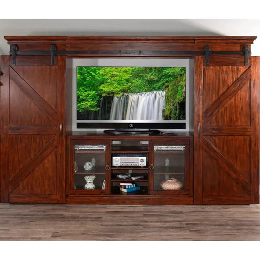 Large Wood Entertainment Wall Unit Barn Doors-Entertainment Wall Unit-Sunny D-LOOMLAN