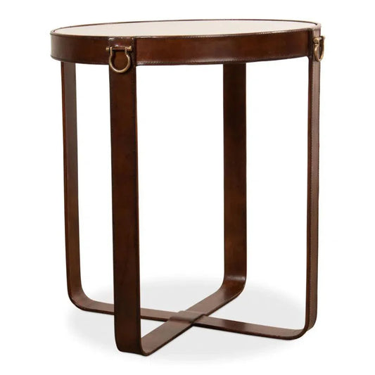 Leather Round Harness Table - LOOMLAN - Sarreid - Side Tables