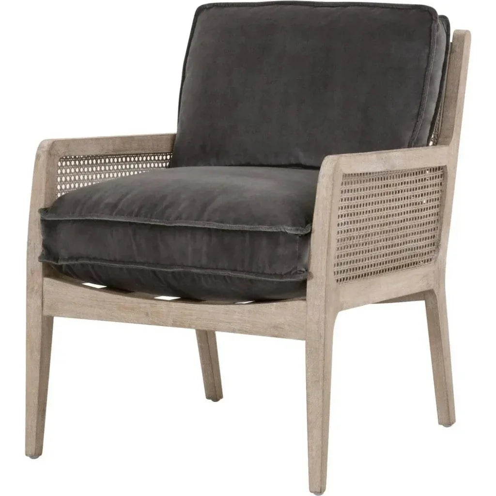 Leone Club Chair Gray Velvet Oak Wood & Cane - LOOMLAN - Essentials For Living - Accent Chairs