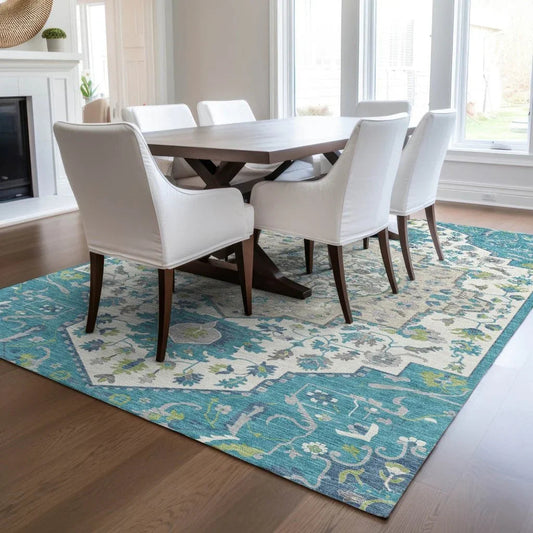 Lidia Teal Washable Indoor-Outdoor Rug-Outdoor Rugs-LOOMLAN Rugs-LOOMLAN