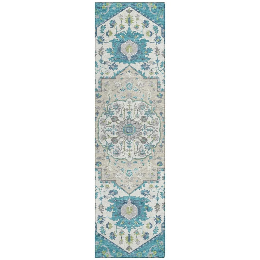Lidia Teal Washable Indoor-Outdoor Rug-Outdoor Rugs-LOOMLAN Rugs-2'3" x 7'6"-LOOMLAN