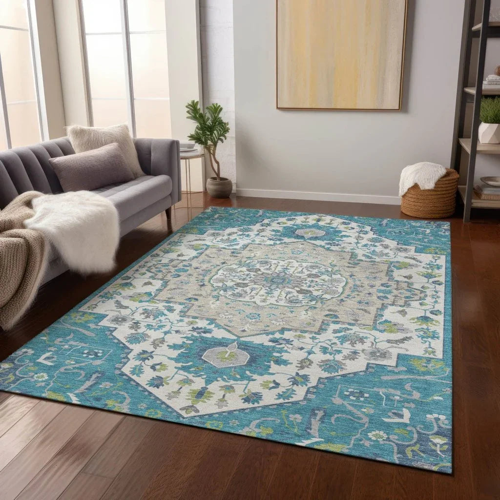 Lidia Teal Washable Indoor-Outdoor Rug-Outdoor Rugs-LOOMLAN Rugs-LOOMLAN