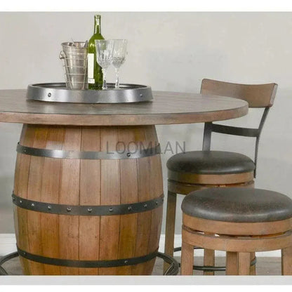 Light Brown Round Barrel Pub Table Barstools 5 PC Set-Dining Table Sets-Sunny D-LOOMLAN