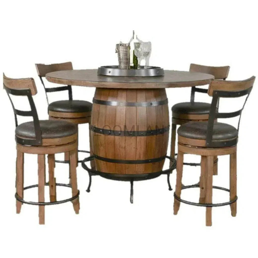Light Brown Round Barrel Pub Table Barstools 5 PC Set-Dining Table Sets-Sunny D-LOOMLAN