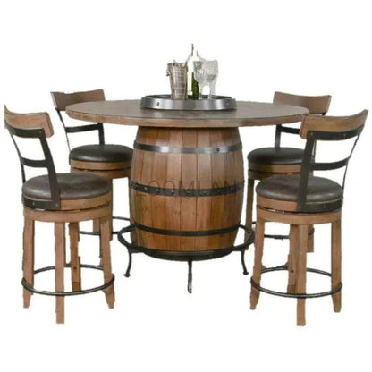 Light Brown Round Barrel Pub Table Barstools 5 PC Set-Dining Table Sets-Sunny D-LOOMLAN