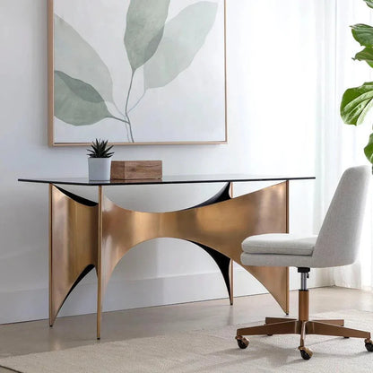 London Desk With Smoked Glass & Gold Finish-Home Office Desks-SUNPAN-LOOMLAN