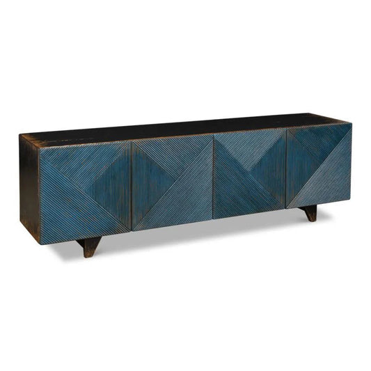 Low Wall Console TV Stand Blue Reclaimed Wood - LOOMLAN - Sarreid - TV Stands & Media Centers