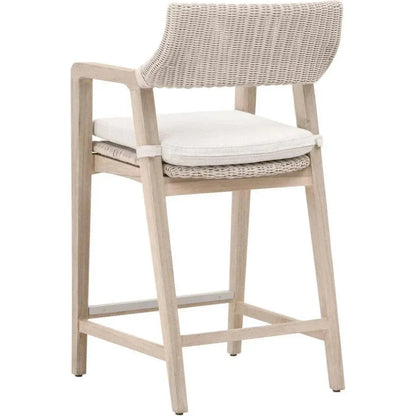 Lucia Outdoor Counter Stool Arms White Wicker & Teak-Outdoor Counter Stools-Essentials For Living-LOOMLAN