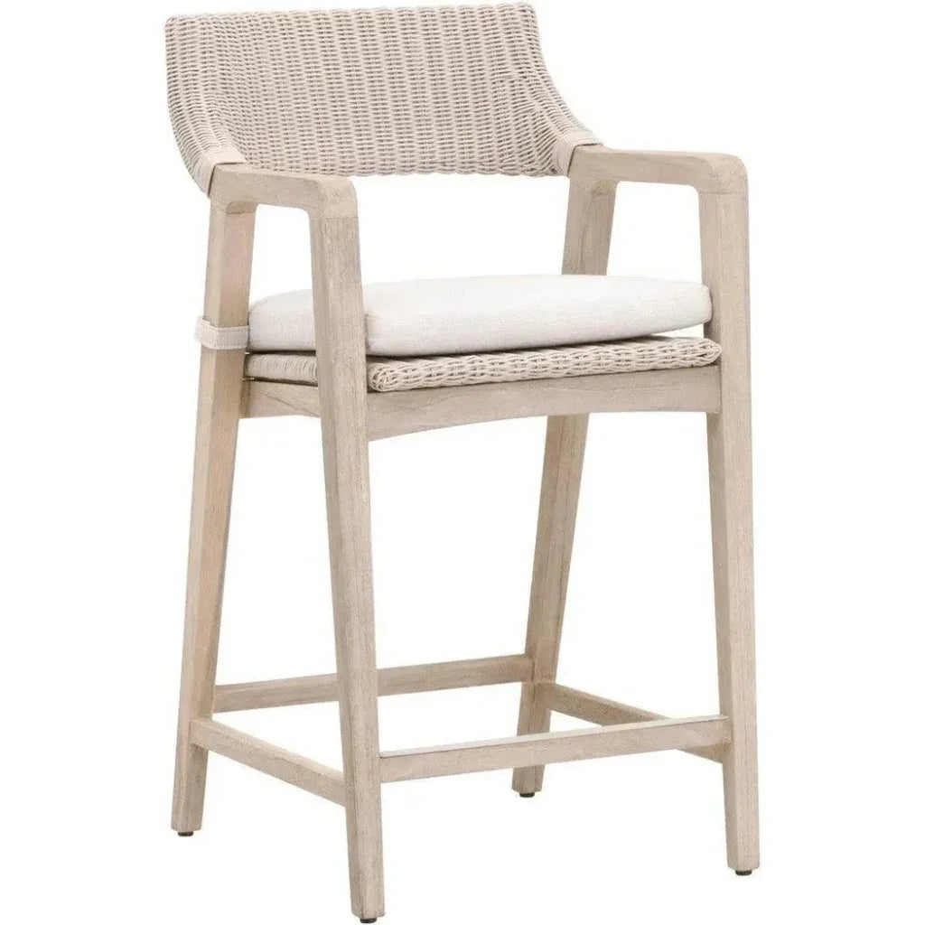 Lucia Outdoor Counter Stool Arms White Wicker & Teak-Outdoor Counter Stools-Essentials For Living-LOOMLAN