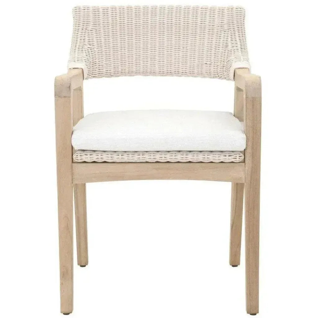 Lucia Outdoor Arm Chair White Wicker and Teak-Outdoor Dining Chairs-Essentials For Living-LOOMLAN