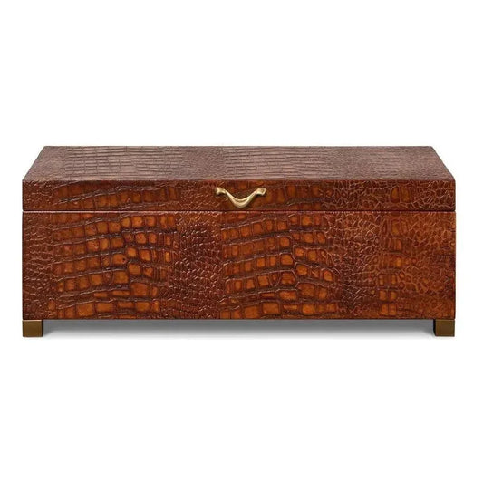 Lyle Croco Embossed Leather Over Wood Reddish Brown Box - LOOMLAN - Sarreid - Boxes & Bowls