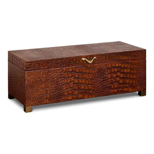 Lyle Croco Embossed Leather Over Wood Reddish Brown Box - LOOMLAN - Sarreid - Boxes & Bowls