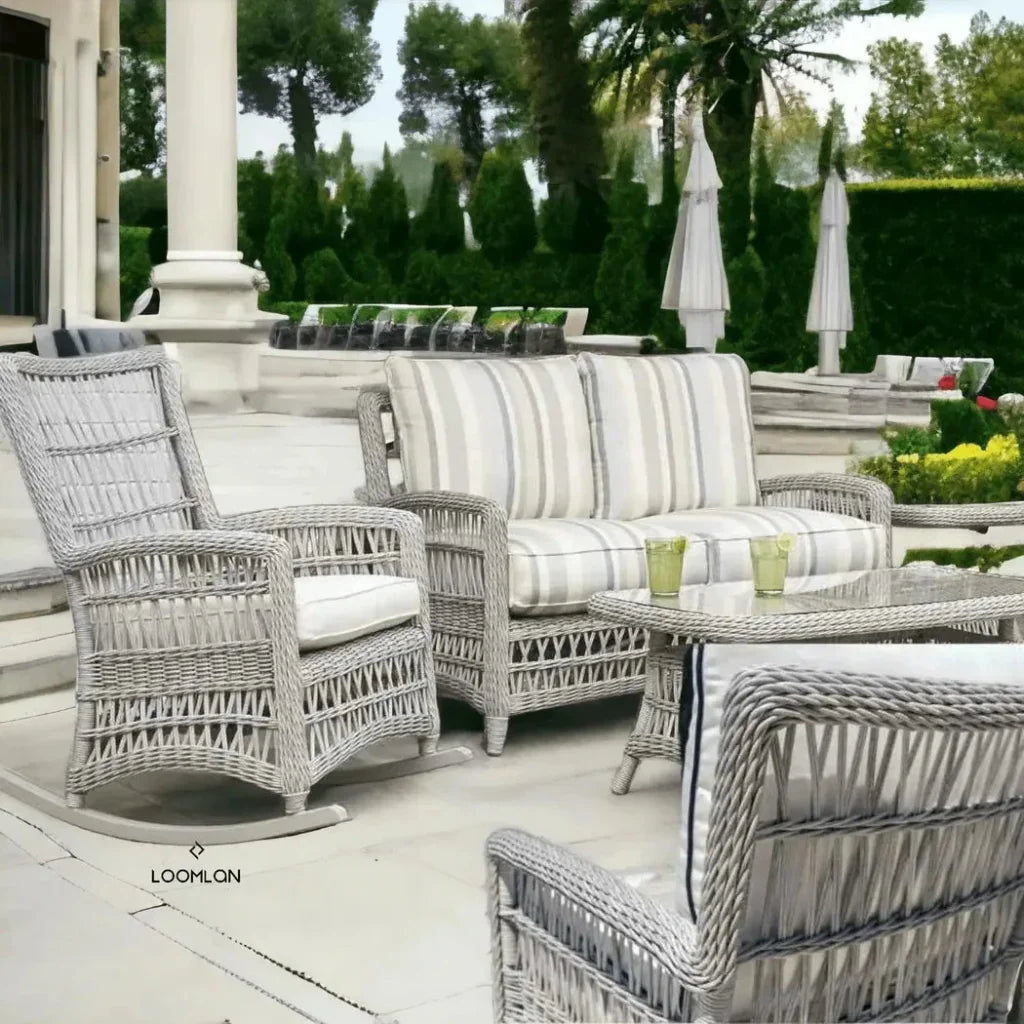 Mackinac Wicker Rocking Porch Lounge Set Cushions-Outdoor Lounge Sets-Lloyd Flanders-LOOMLAN