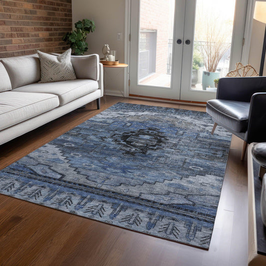 Maeain Blue Washable Indoor-Outdoor Rug