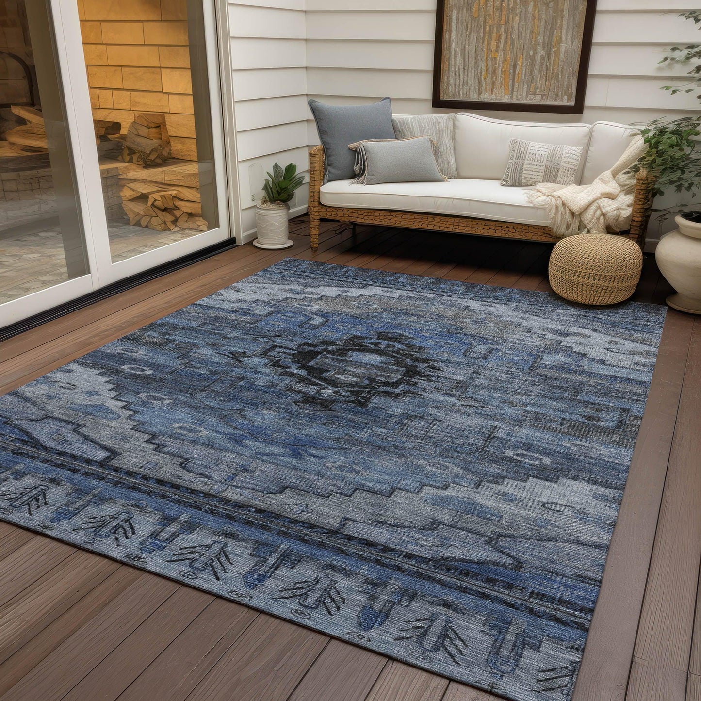 Maeain Blue Washable Indoor-Outdoor Rug