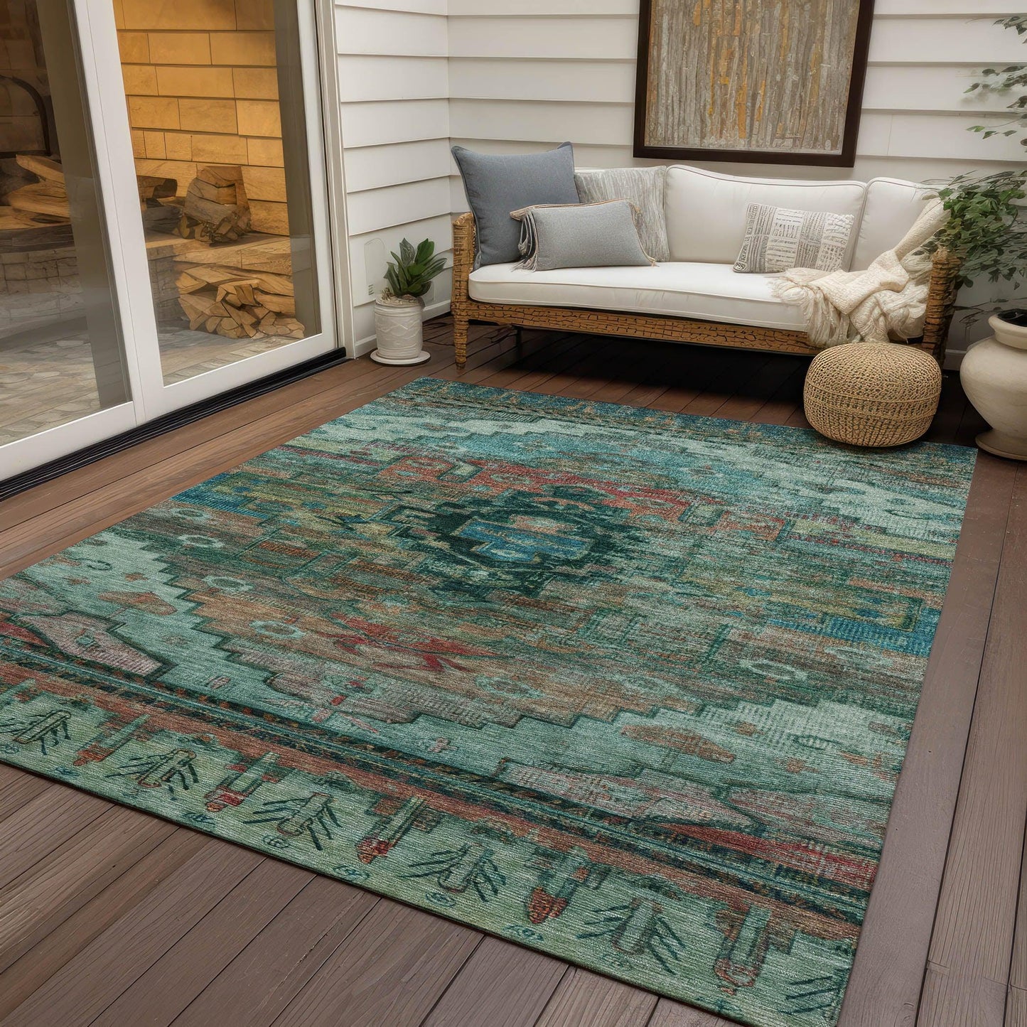 Maeain Teal Washable Indoor-Outdoor Rug
