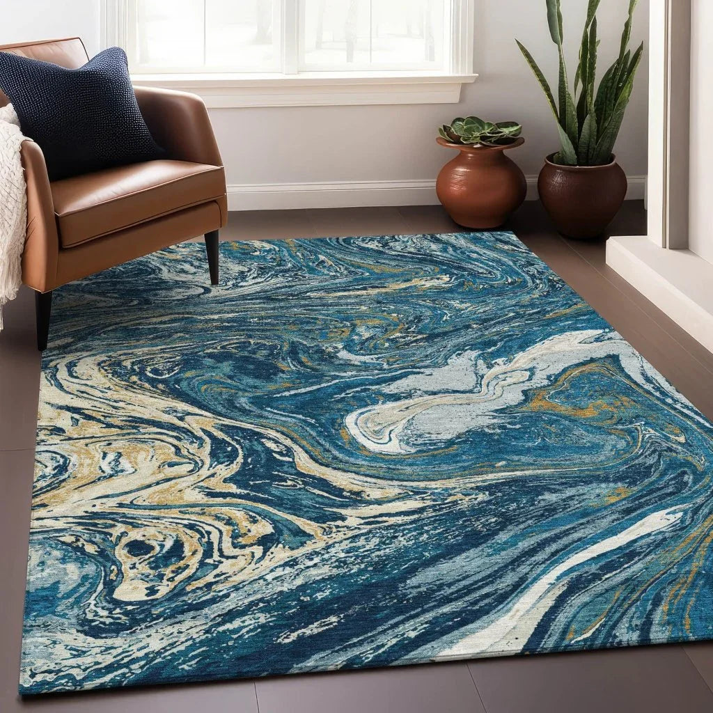 Malika Navy Washable Indoor-Outdoor Rug-Outdoor Rugs-LOOMLAN Rugs-LOOMLAN