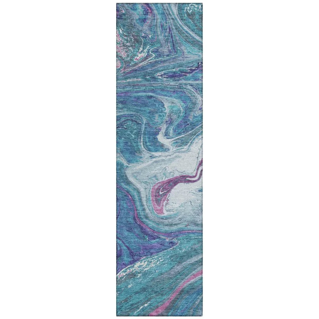 Malika Teal Washable Indoor-Outdoor Rug-Outdoor Rugs-LOOMLAN Rugs-2'3" x 7'6"-LOOMLAN