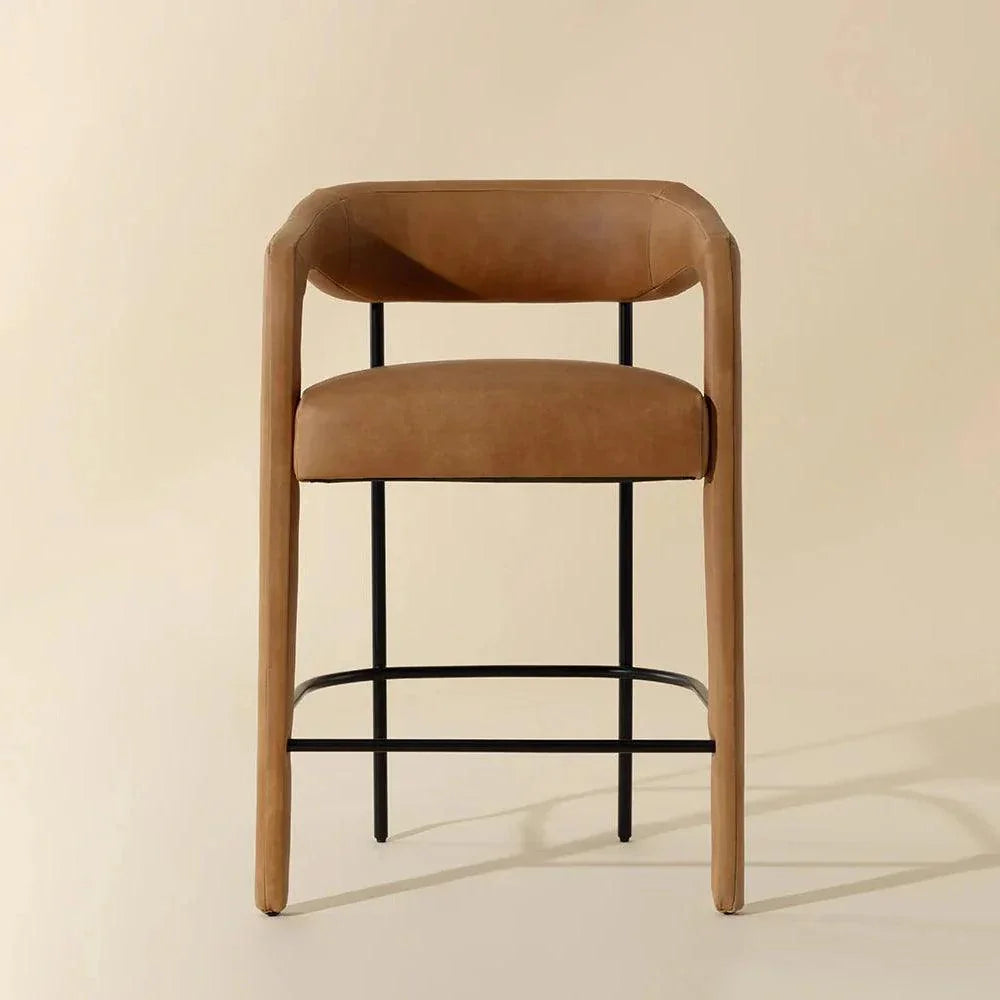 Mavia Counter Stool Sesame Leather Iron Legs - LOOMLAN - SUNPAN - Counter Stools